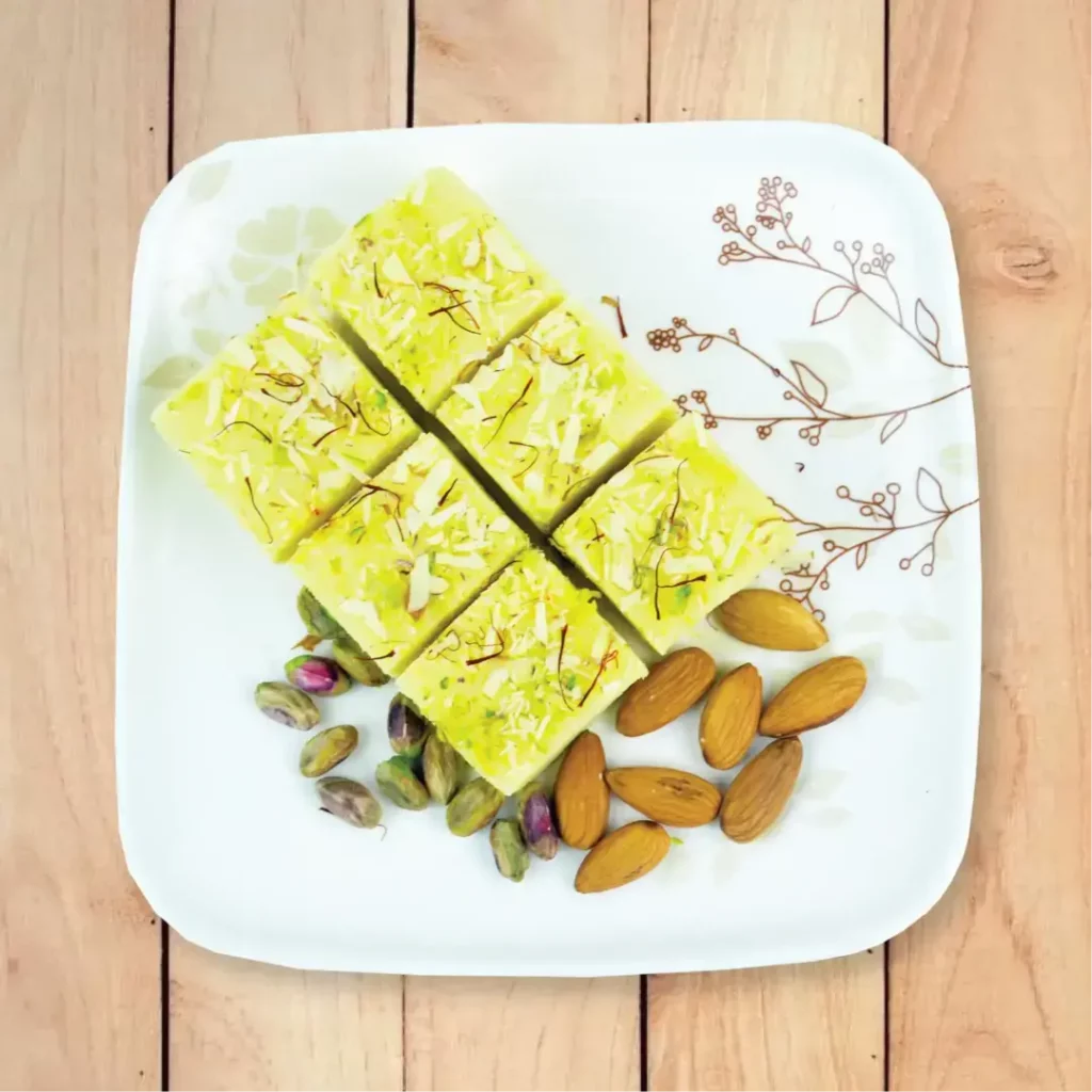 Kesar Badam Pista Barfi From Chandra Snacks.